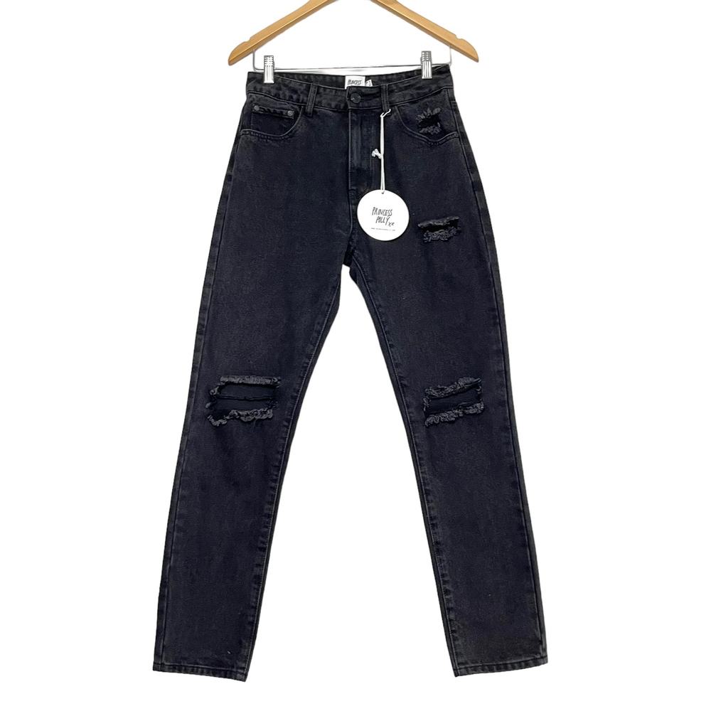 Princess Polly Emmert Jeans Sz 4 Black High Rise Straight Distressed Rigid Denim